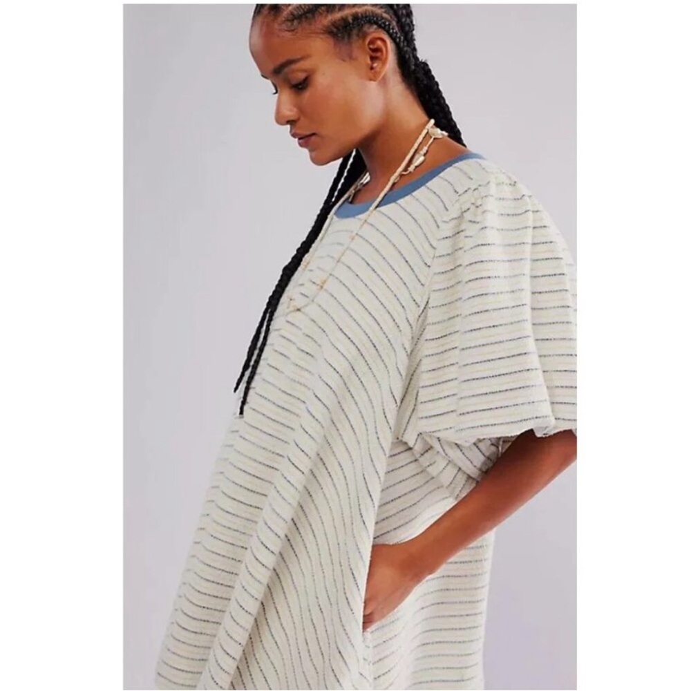 Free People Cream Striped Mini Dress with Blue Trim - Picture 5 of 10
